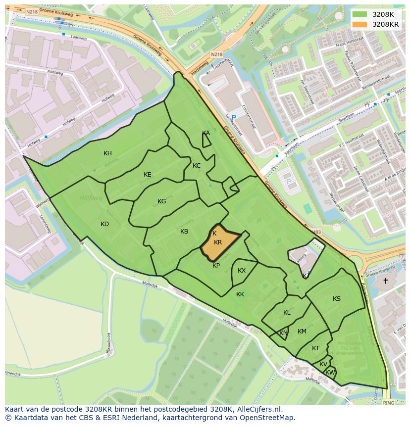 Afbeelding van het postcodegebied 3208 KR op de kaart.