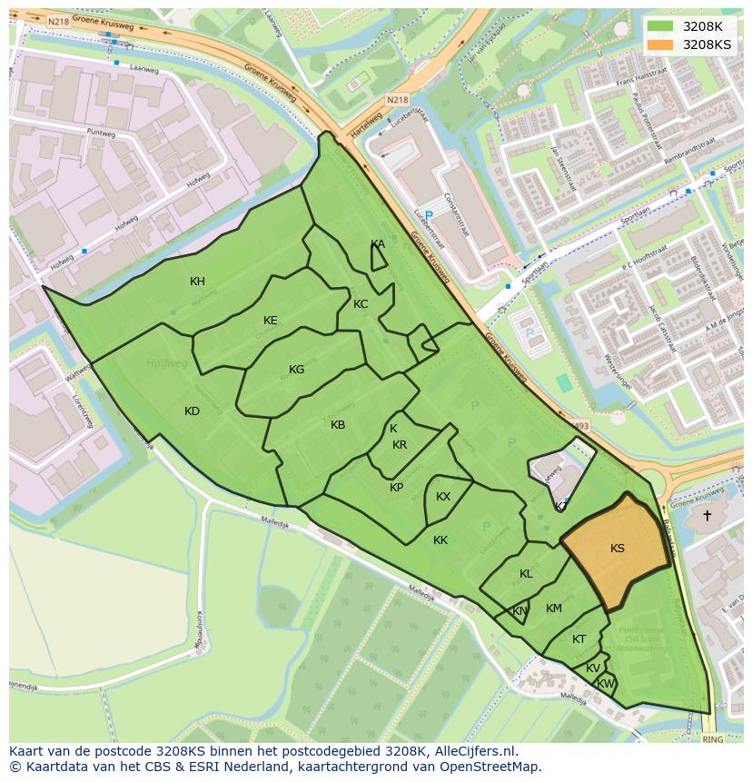 Afbeelding van het postcodegebied 3208 KS op de kaart.