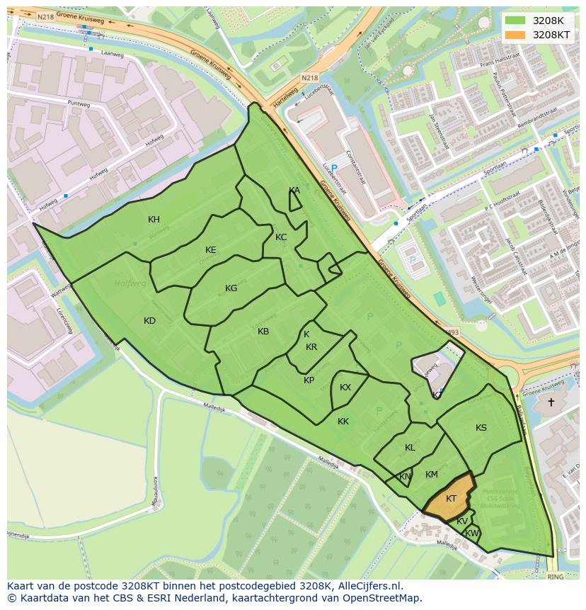 Afbeelding van het postcodegebied 3208 KT op de kaart.