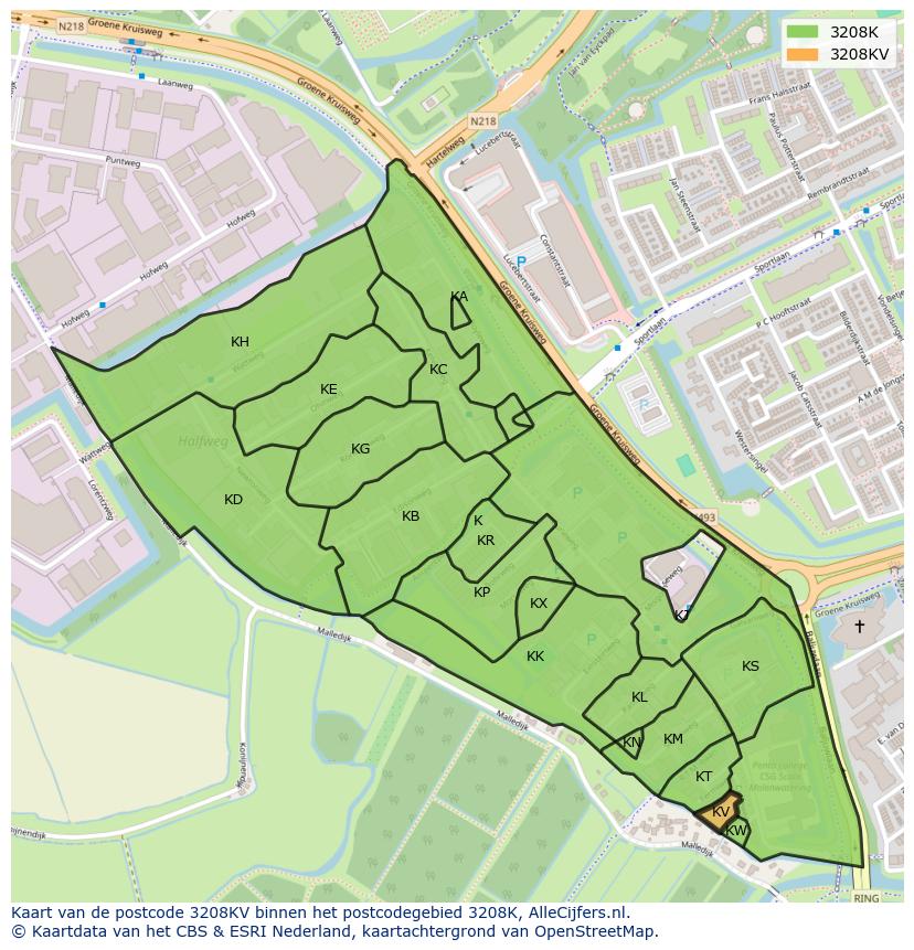 Afbeelding van het postcodegebied 3208 KV op de kaart.