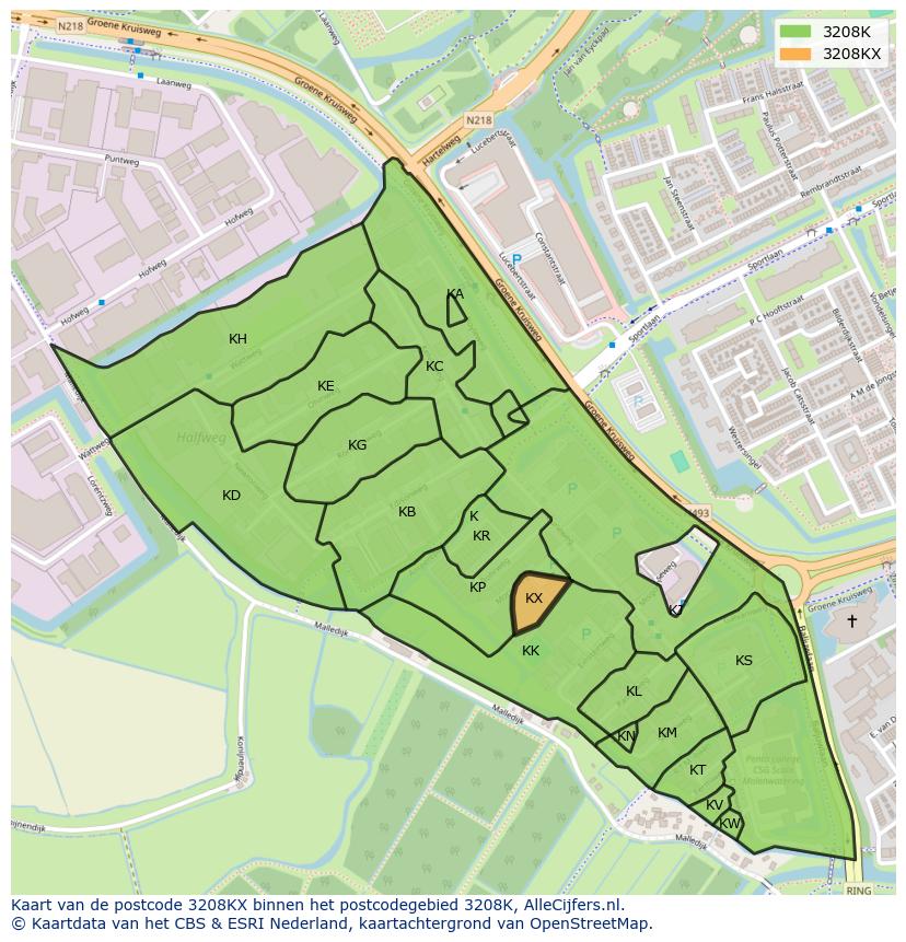 Afbeelding van het postcodegebied 3208 KX op de kaart.