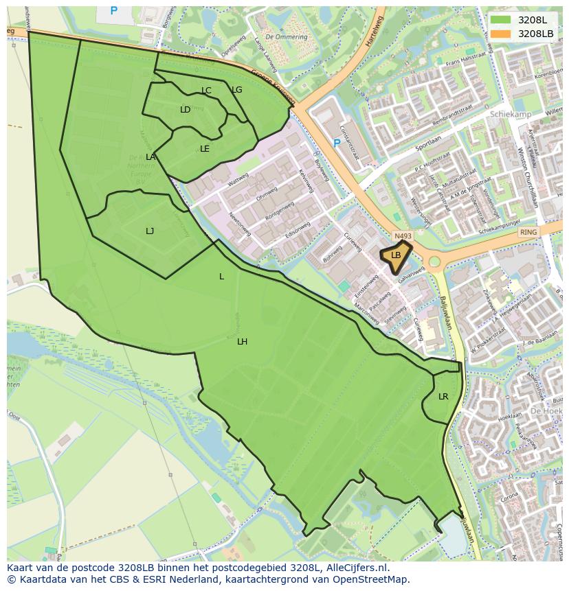 Afbeelding van het postcodegebied 3208 LB op de kaart.