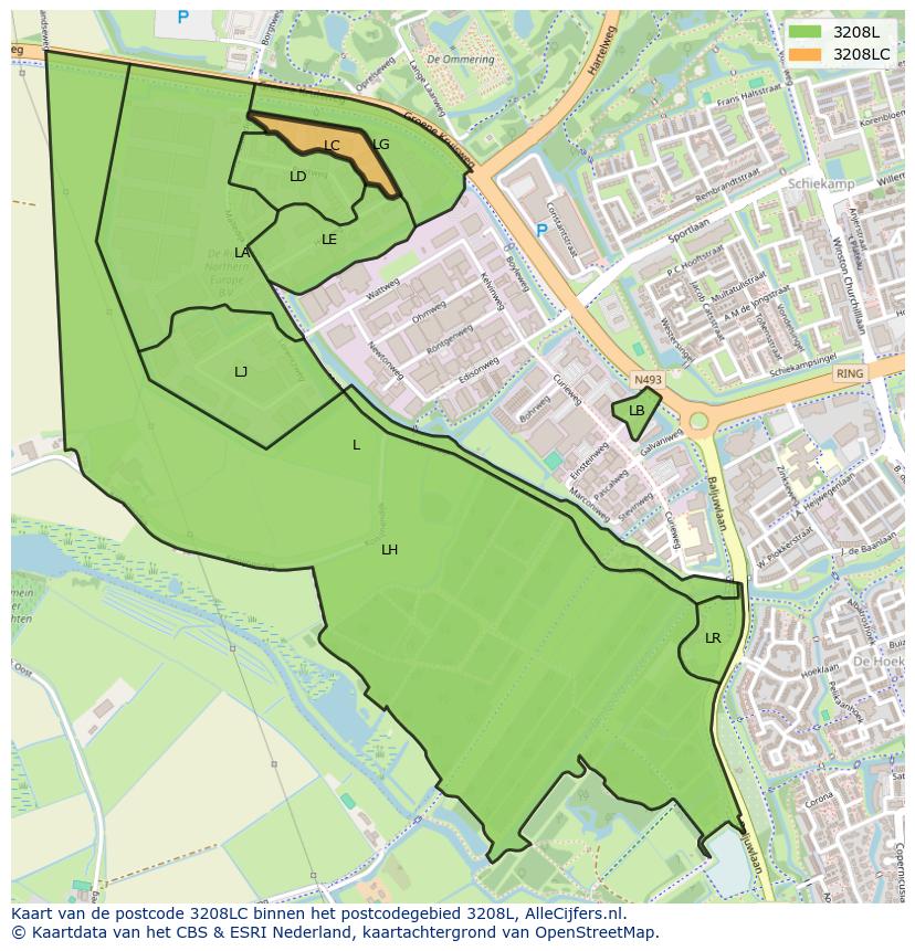 Afbeelding van het postcodegebied 3208 LC op de kaart.