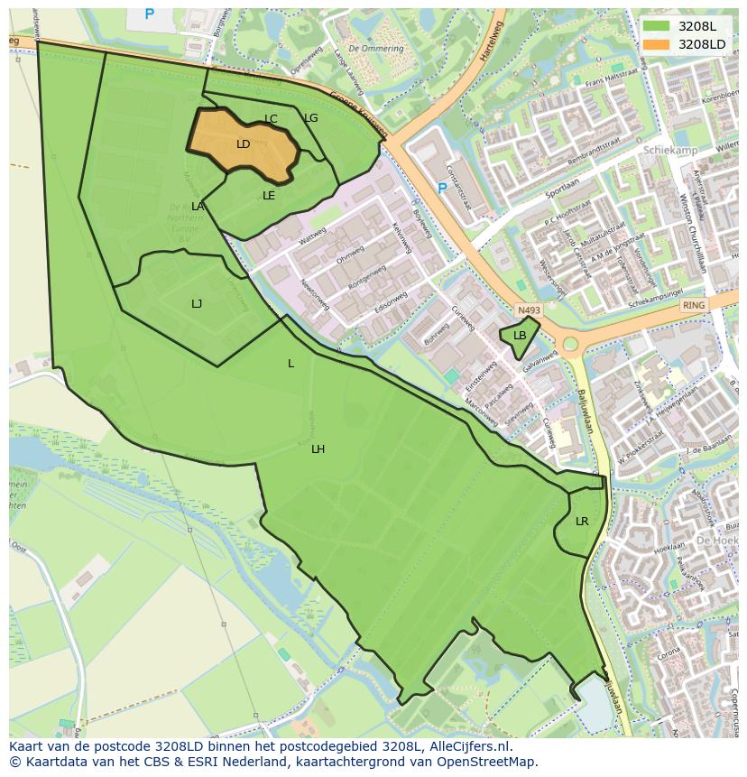 Afbeelding van het postcodegebied 3208 LD op de kaart.