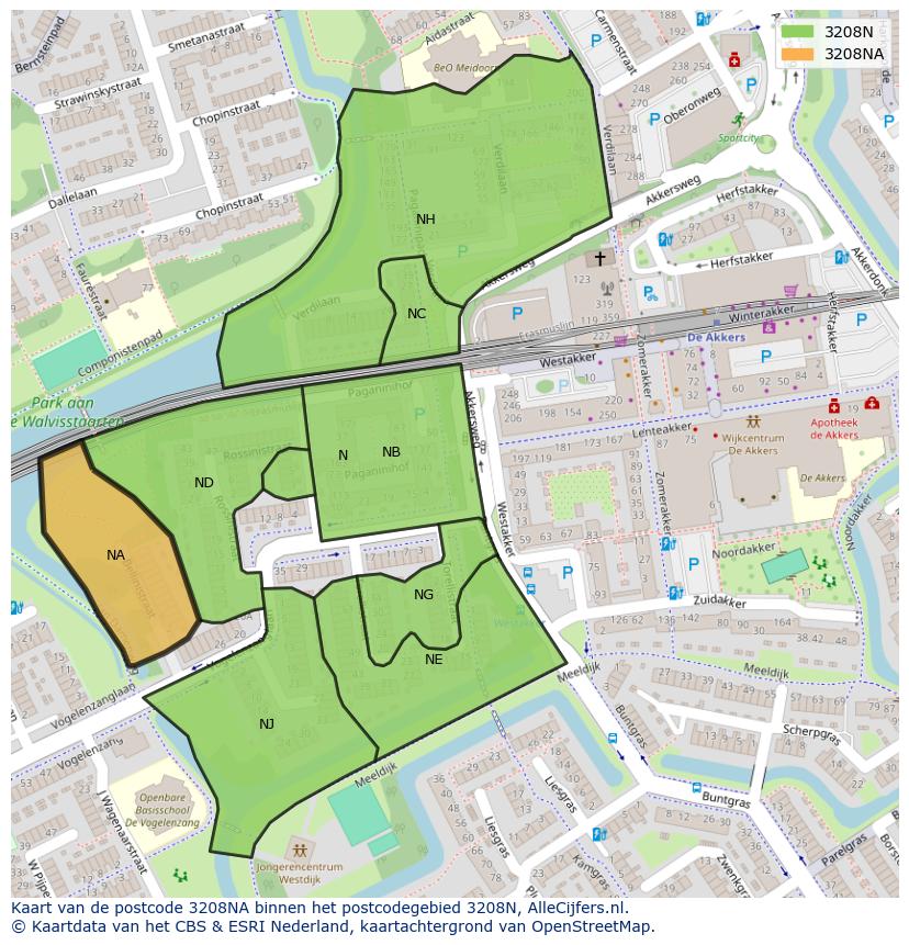 Afbeelding van het postcodegebied 3208 NA op de kaart.