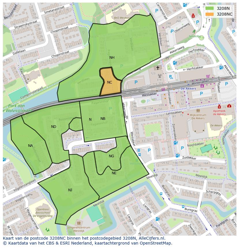 Afbeelding van het postcodegebied 3208 NC op de kaart.
