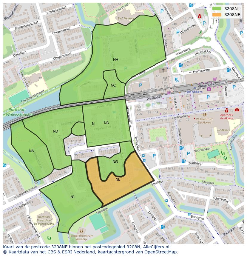 Afbeelding van het postcodegebied 3208 NE op de kaart.