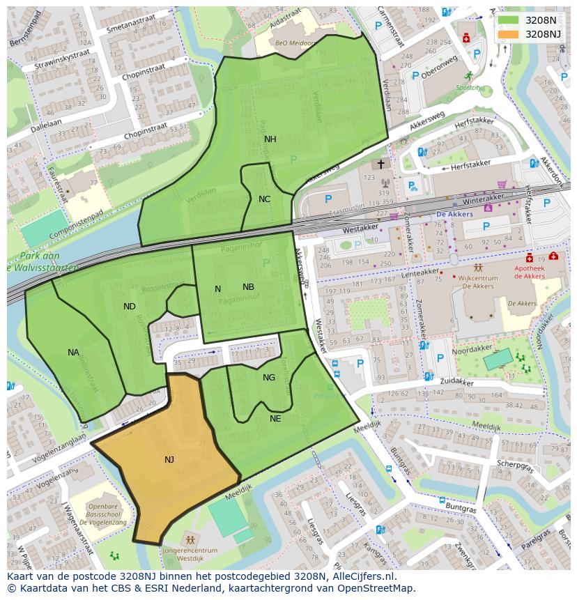 Afbeelding van het postcodegebied 3208 NJ op de kaart.