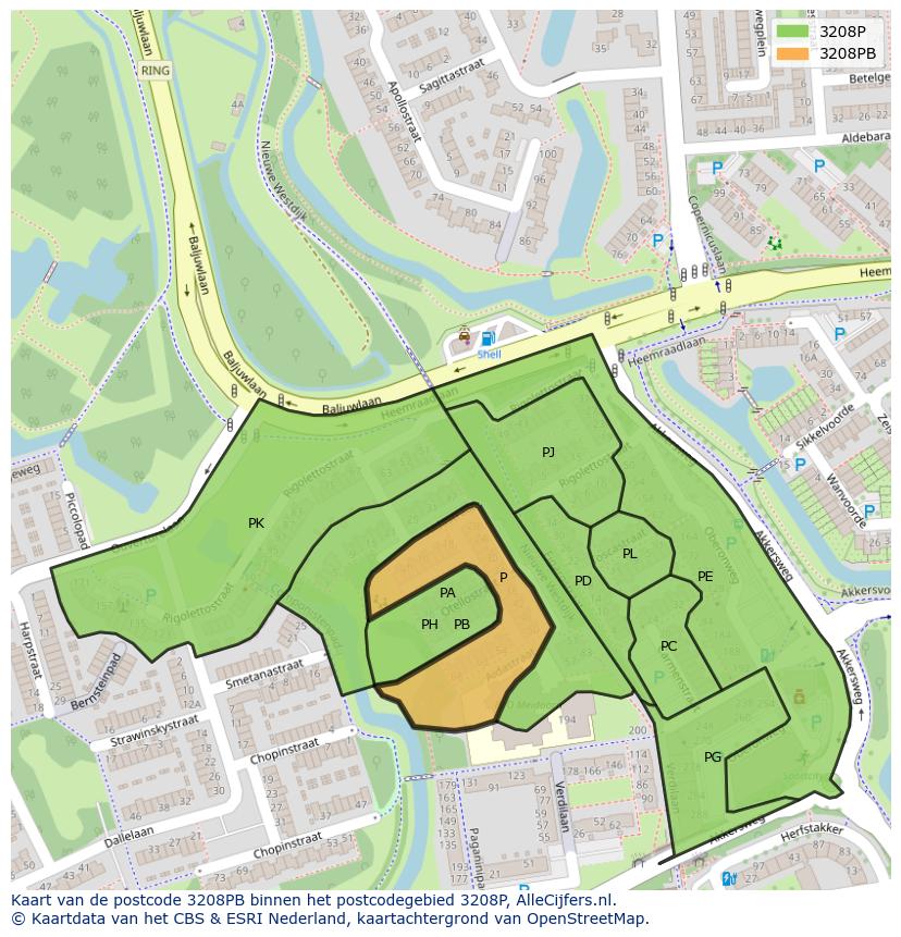 Afbeelding van het postcodegebied 3208 PB op de kaart.