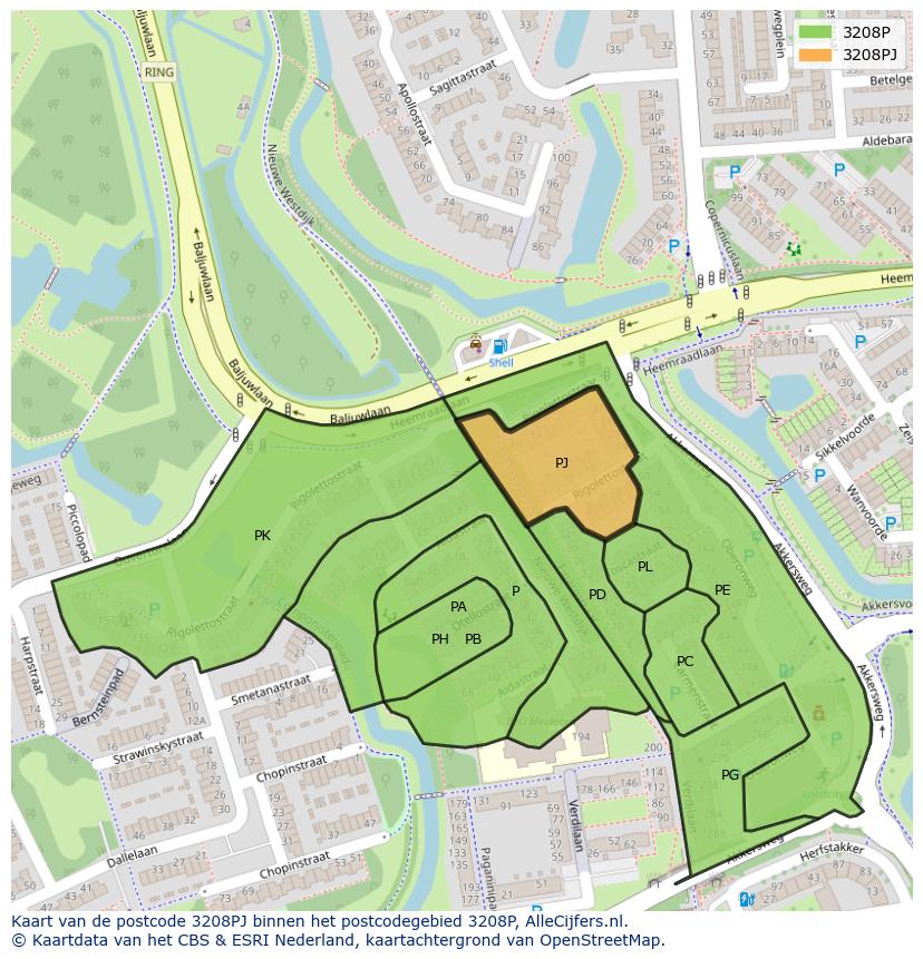 Afbeelding van het postcodegebied 3208 PJ op de kaart.