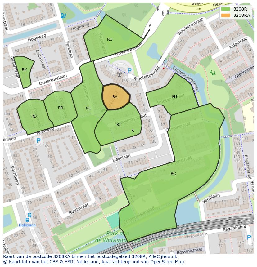 Afbeelding van het postcodegebied 3208 RA op de kaart.
