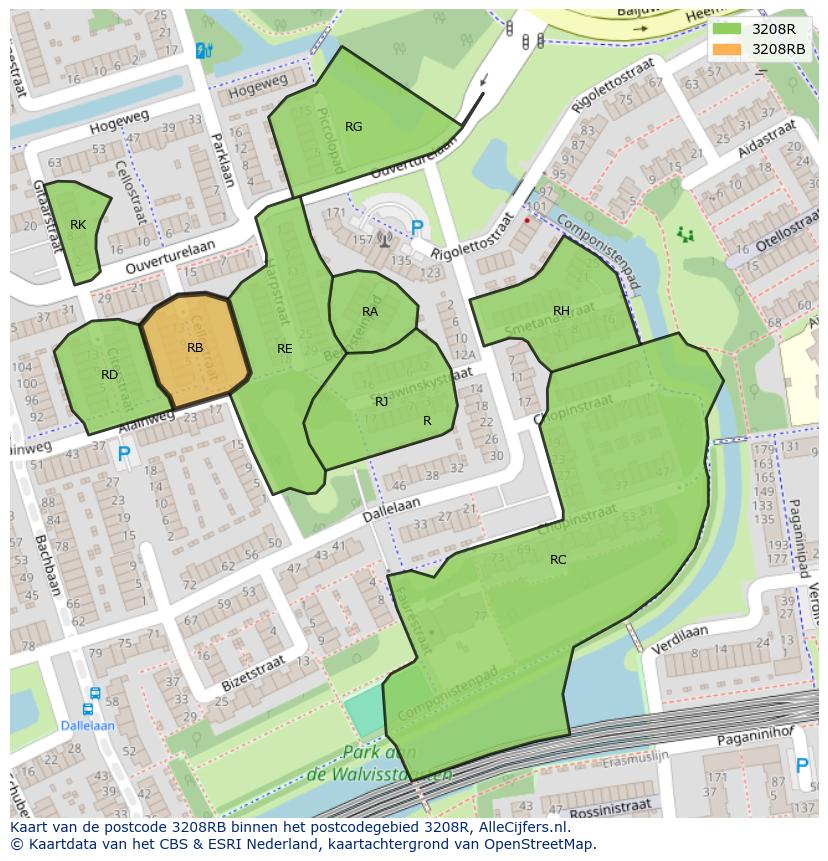 Afbeelding van het postcodegebied 3208 RB op de kaart.