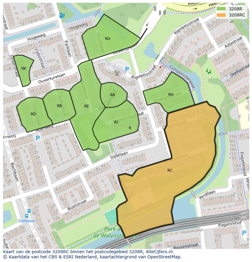 Afbeelding van het postcodegebied 3208 RC op de kaart.