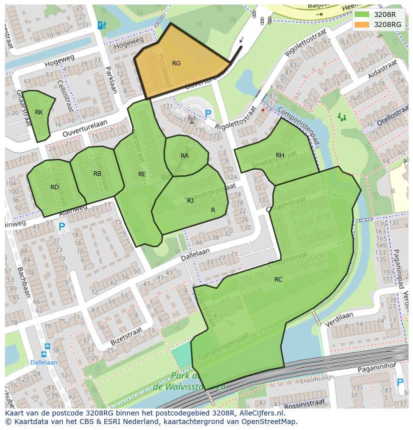 Afbeelding van het postcodegebied 3208 RG op de kaart.