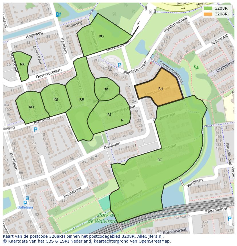 Afbeelding van het postcodegebied 3208 RH op de kaart.
