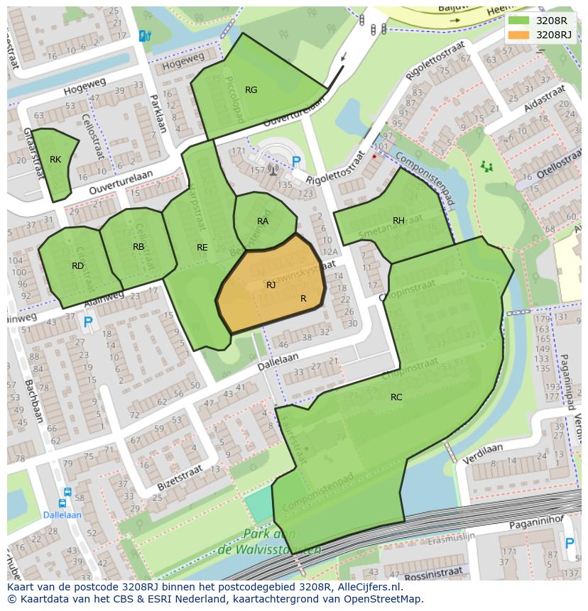 Afbeelding van het postcodegebied 3208 RJ op de kaart.