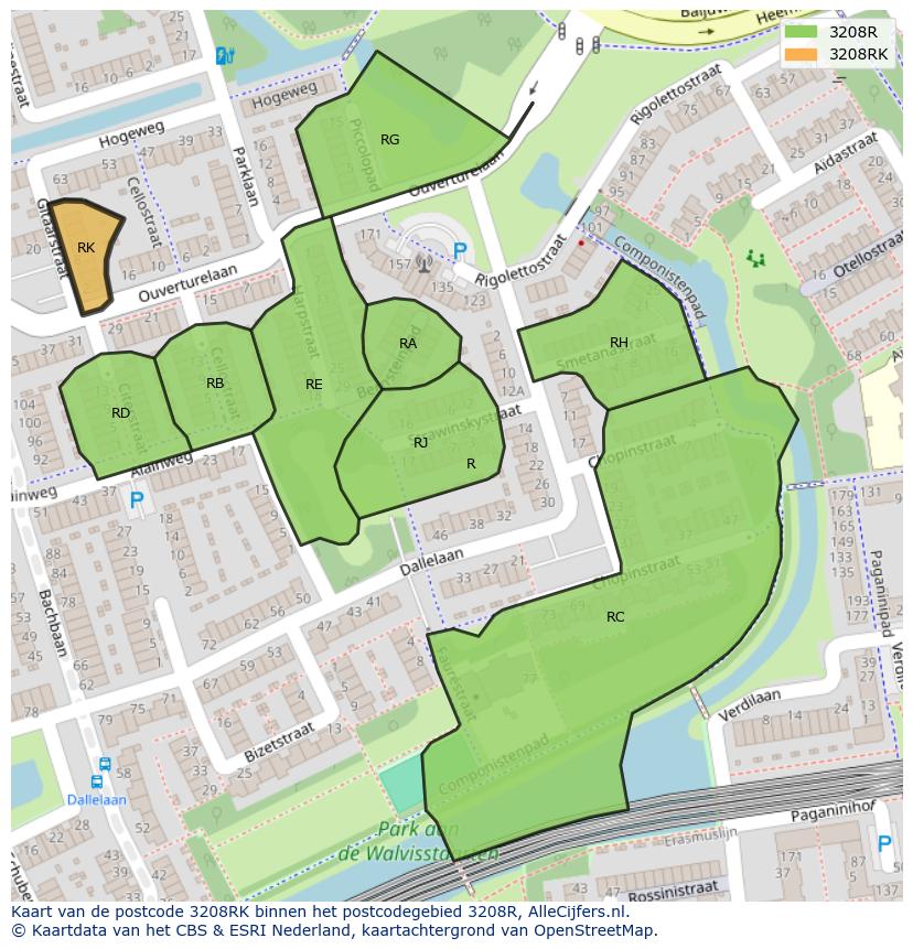 Afbeelding van het postcodegebied 3208 RK op de kaart.