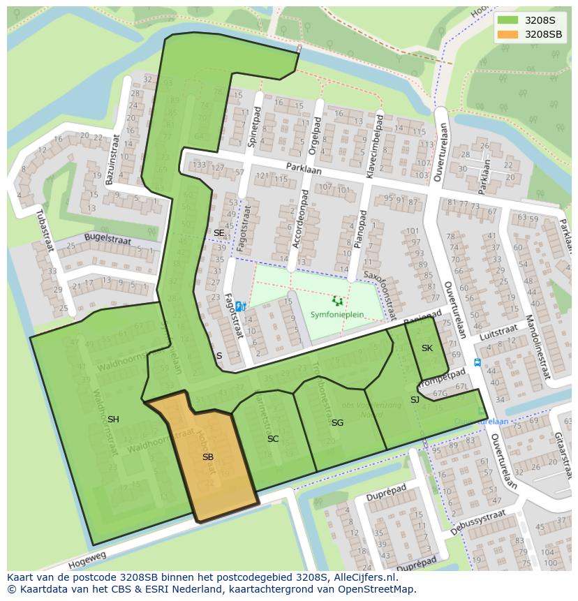 Afbeelding van het postcodegebied 3208 SB op de kaart.