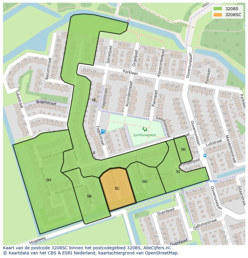 Afbeelding van het postcodegebied 3208 SC op de kaart.