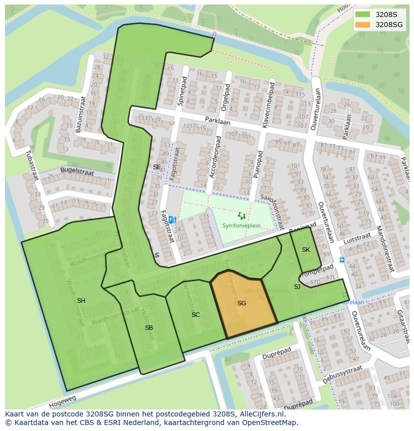Afbeelding van het postcodegebied 3208 SG op de kaart.