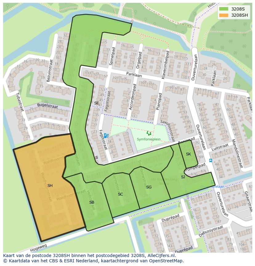 Afbeelding van het postcodegebied 3208 SH op de kaart.