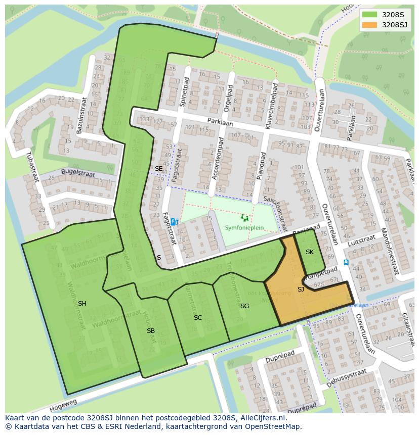 Afbeelding van het postcodegebied 3208 SJ op de kaart.