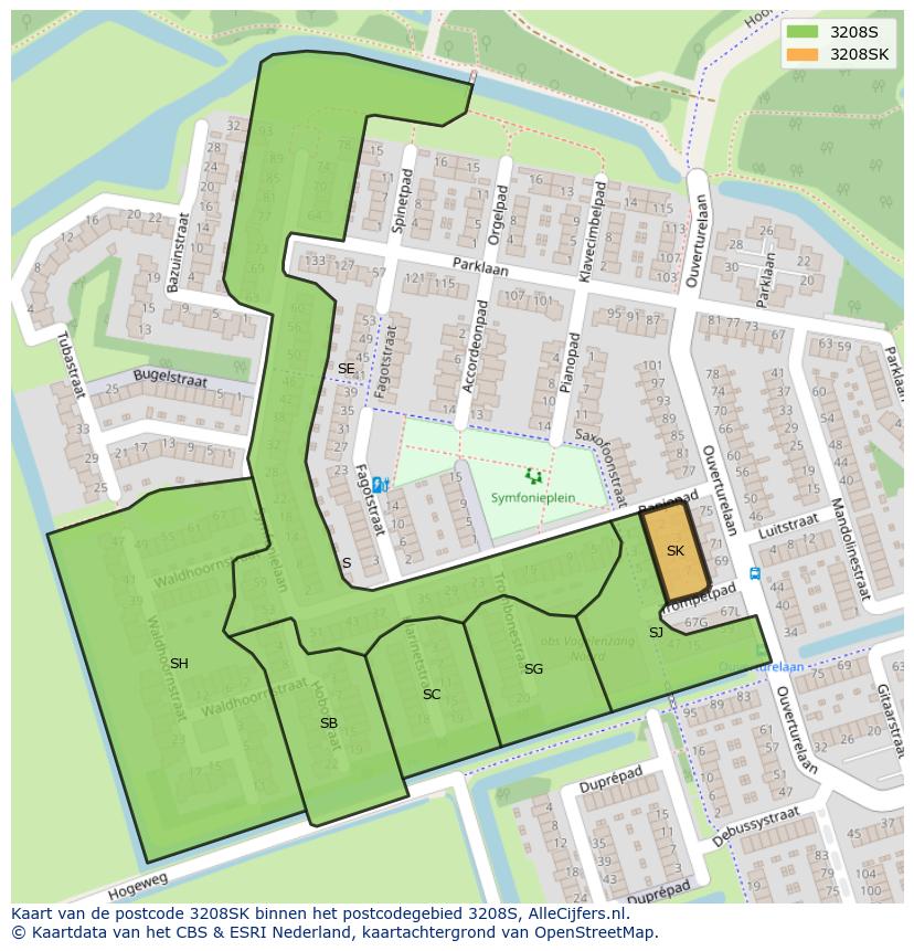 Afbeelding van het postcodegebied 3208 SK op de kaart.