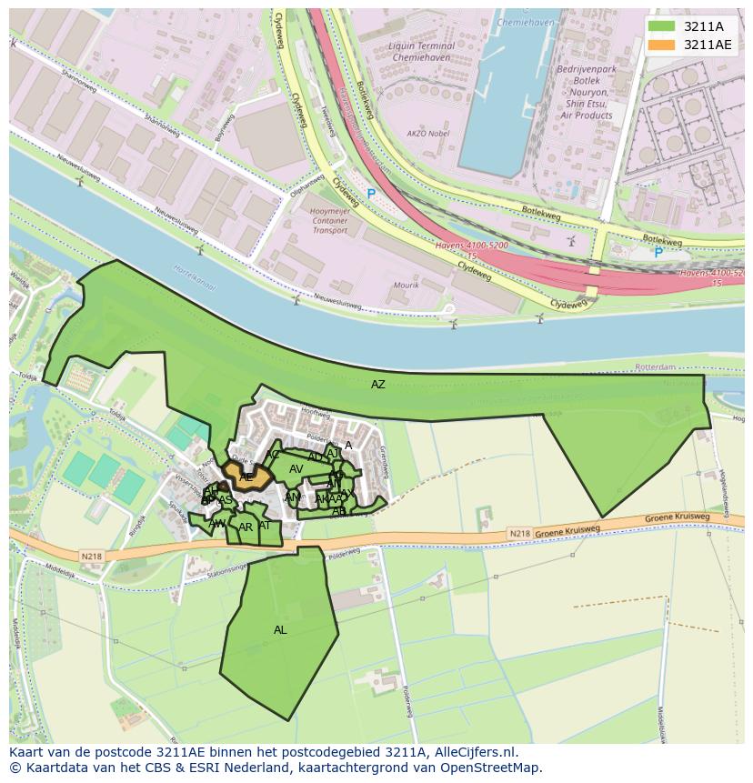 Afbeelding van het postcodegebied 3211 AE op de kaart.