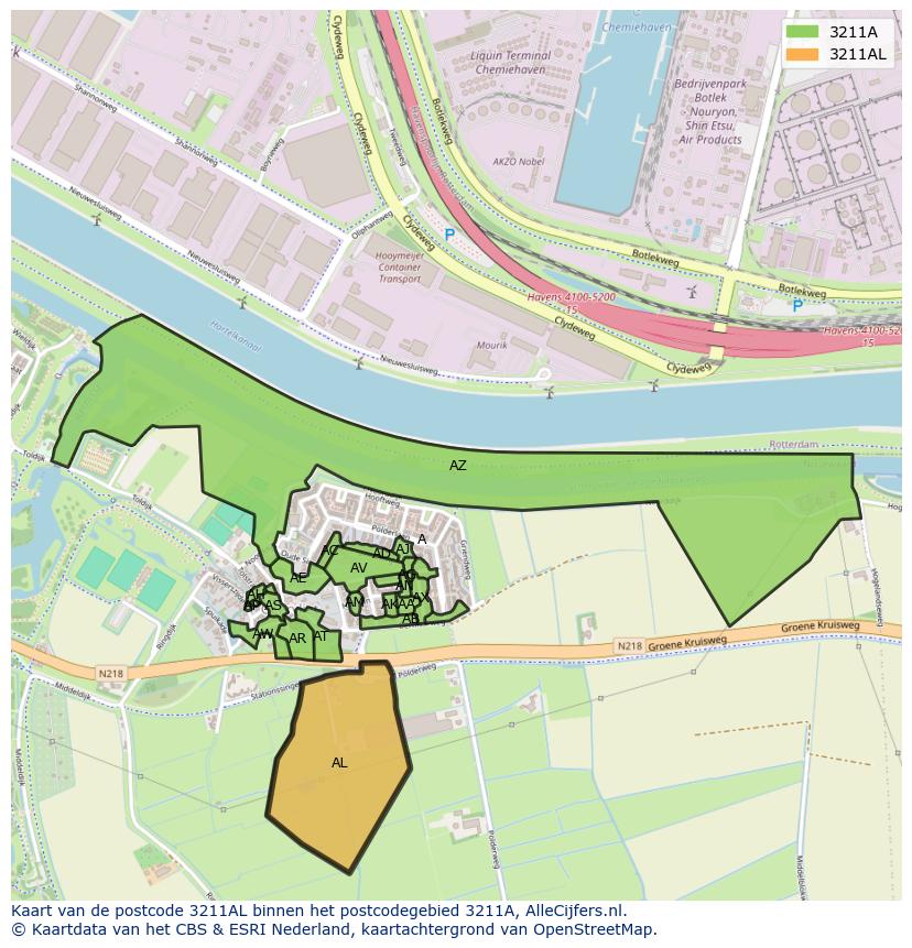 Afbeelding van het postcodegebied 3211 AL op de kaart.