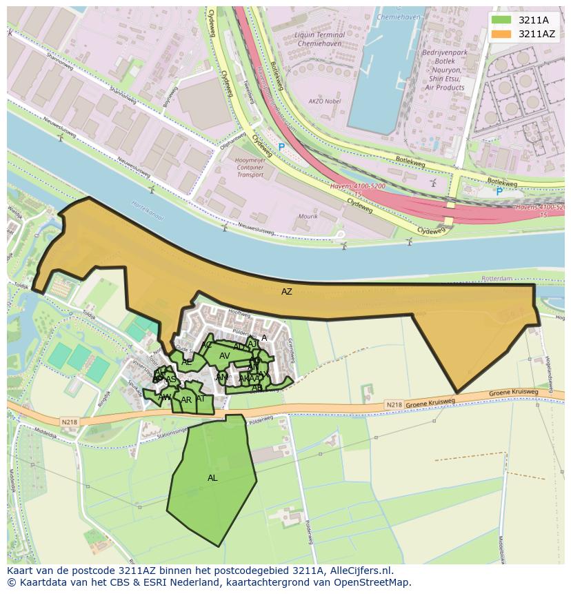 Afbeelding van het postcodegebied 3211 AZ op de kaart.