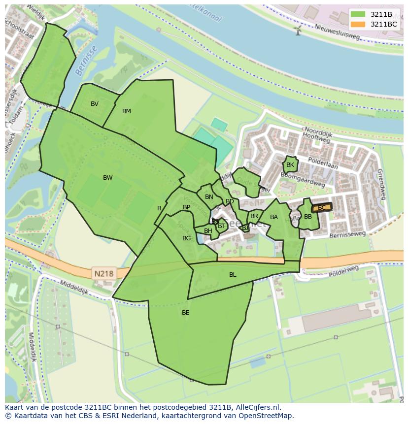 Afbeelding van het postcodegebied 3211 BC op de kaart.