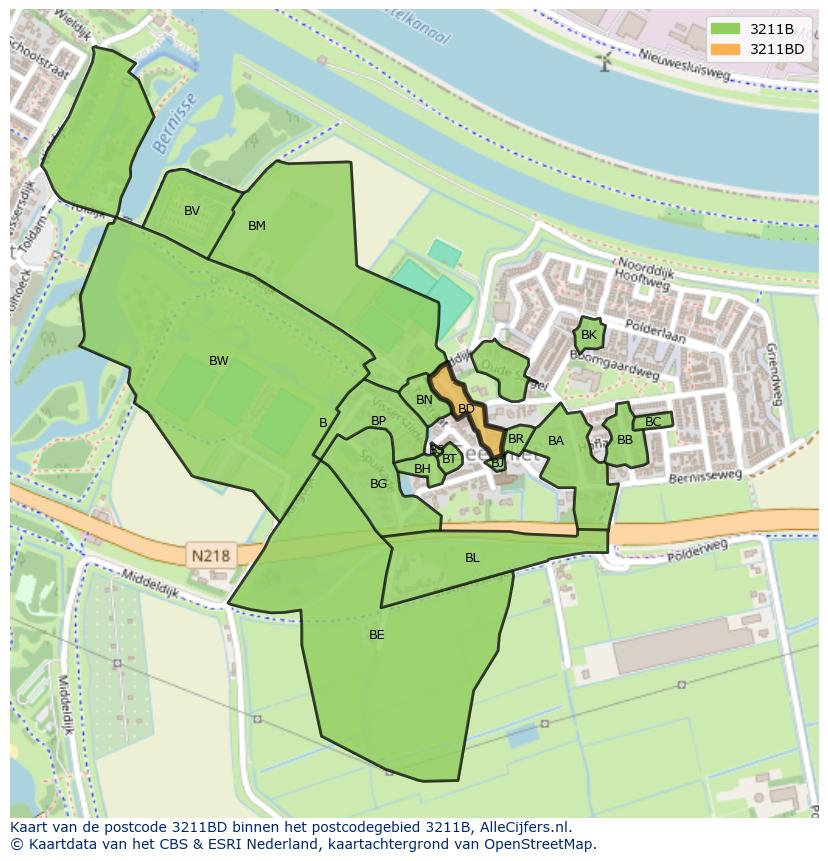 Afbeelding van het postcodegebied 3211 BD op de kaart.