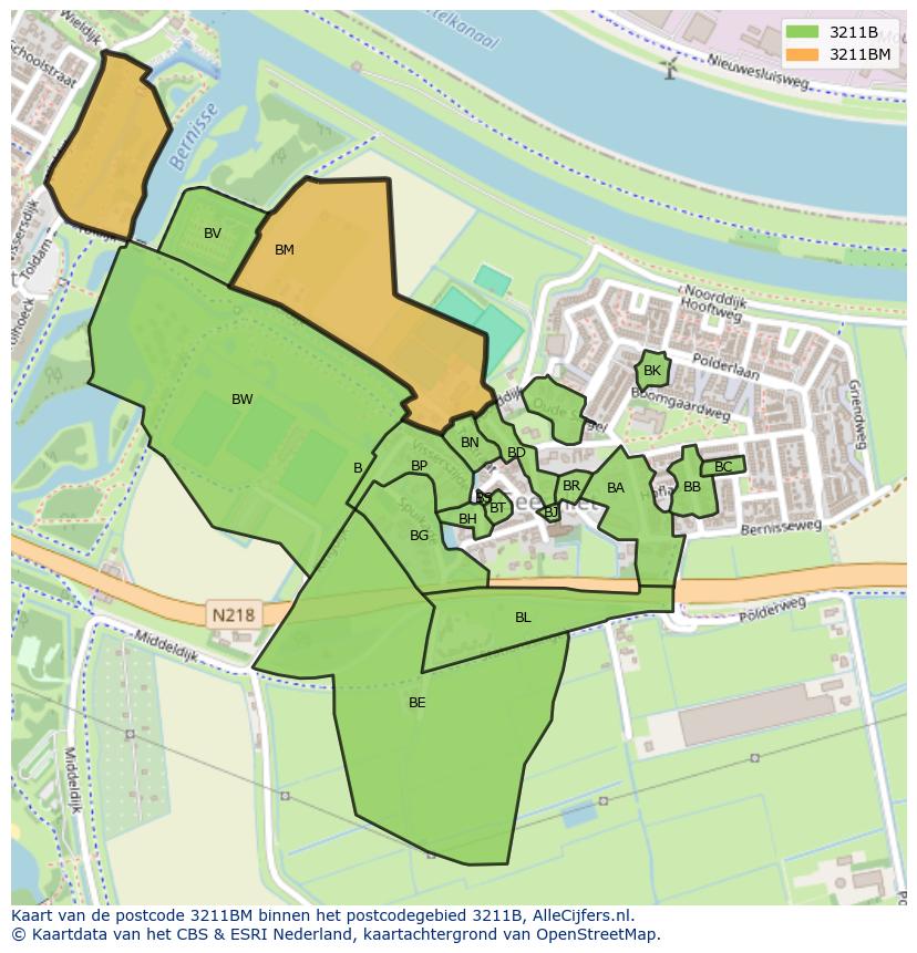 Afbeelding van het postcodegebied 3211 BM op de kaart.