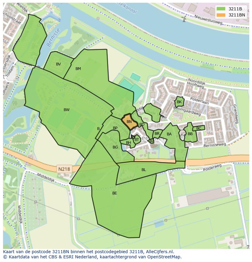 Afbeelding van het postcodegebied 3211 BN op de kaart.