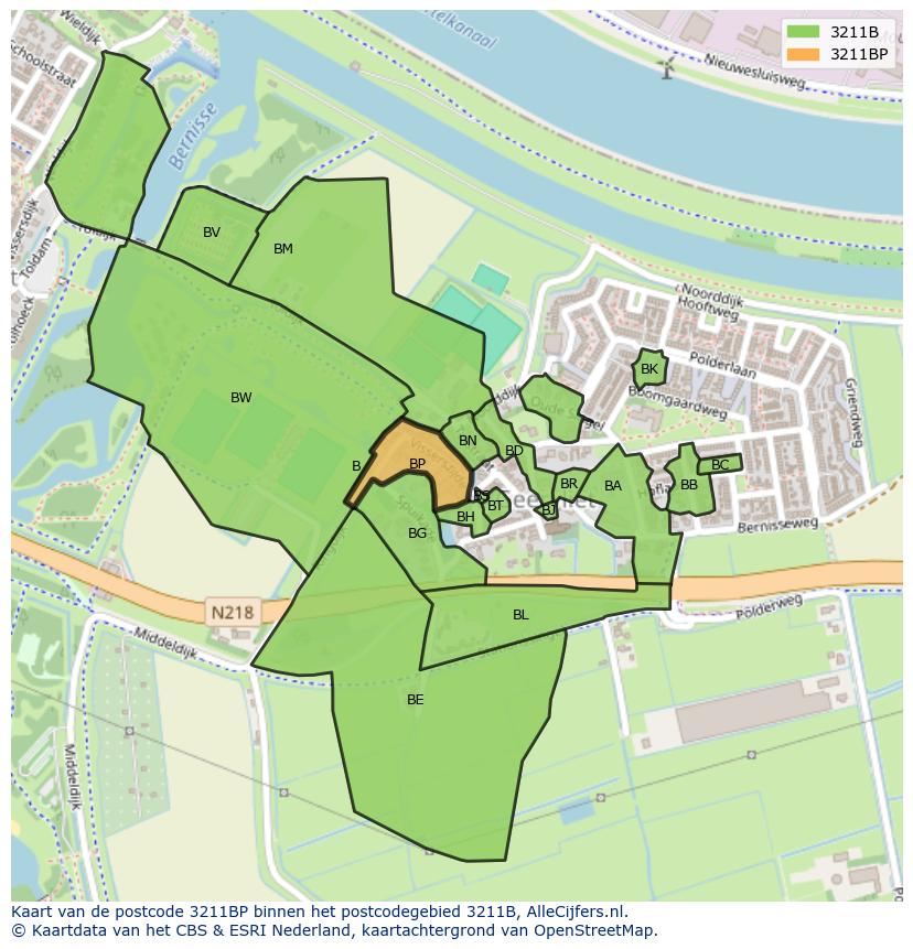 Afbeelding van het postcodegebied 3211 BP op de kaart.