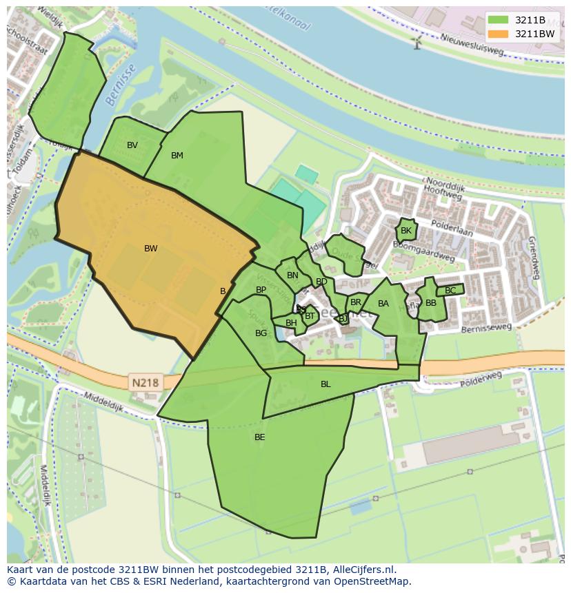 Afbeelding van het postcodegebied 3211 BW op de kaart.