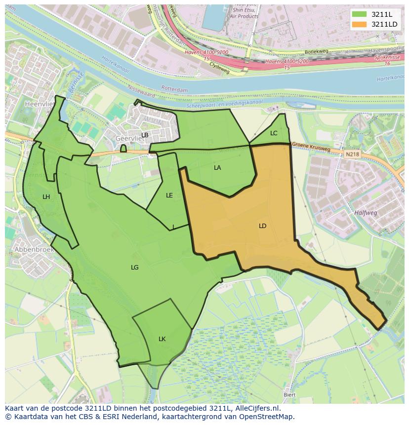 Afbeelding van het postcodegebied 3211 LD op de kaart.