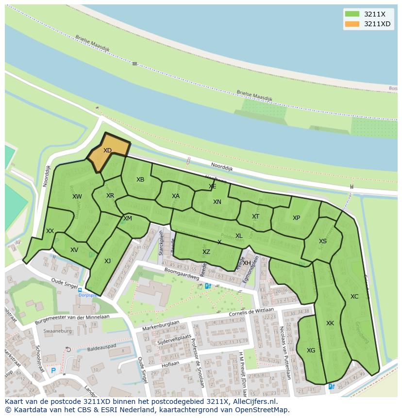 Afbeelding van het postcodegebied 3211 XD op de kaart.