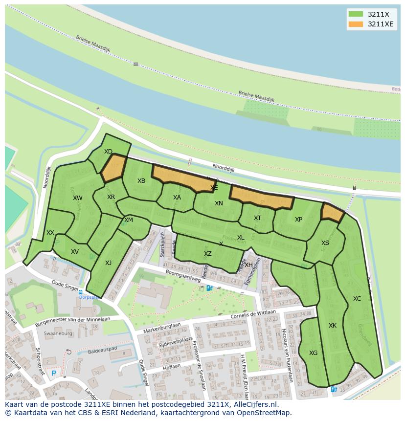 Afbeelding van het postcodegebied 3211 XE op de kaart.