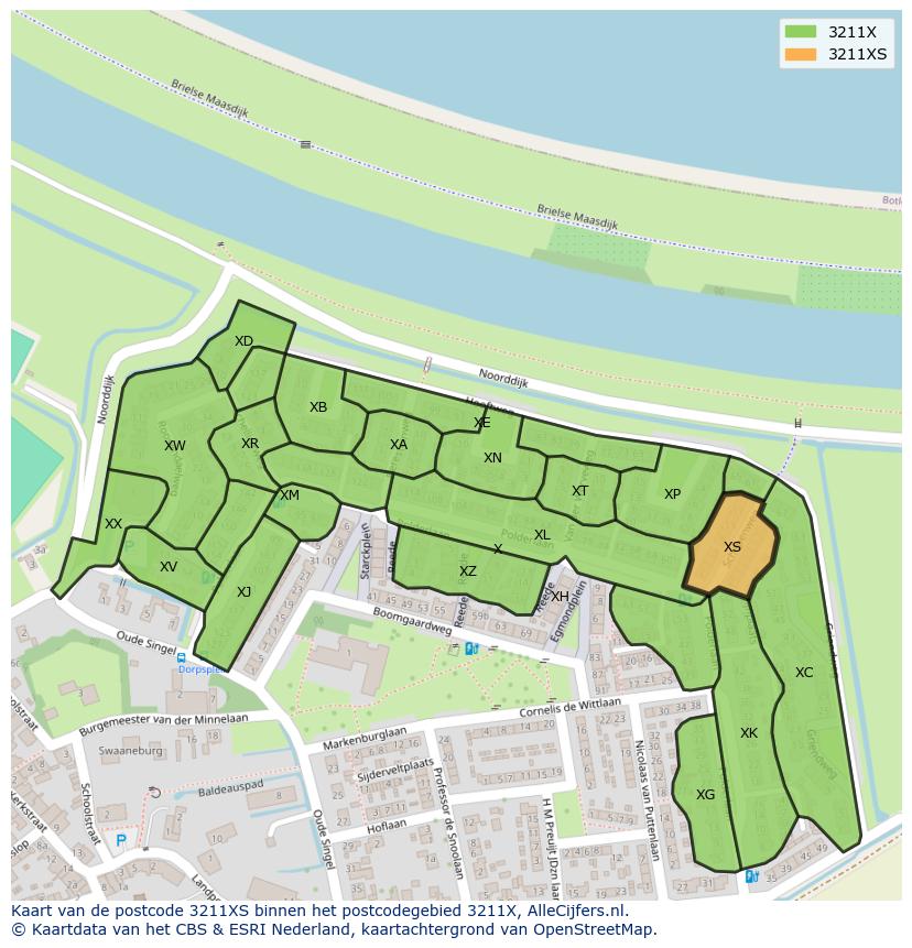 Afbeelding van het postcodegebied 3211 XS op de kaart.