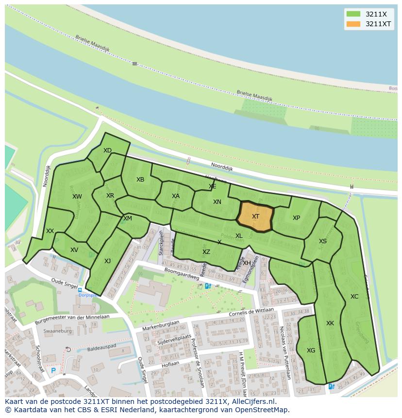 Afbeelding van het postcodegebied 3211 XT op de kaart.