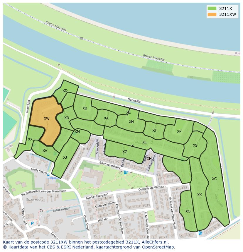 Afbeelding van het postcodegebied 3211 XW op de kaart.