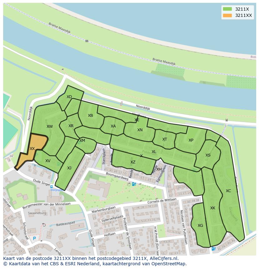 Afbeelding van het postcodegebied 3211 XX op de kaart.