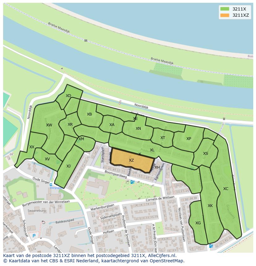 Afbeelding van het postcodegebied 3211 XZ op de kaart.