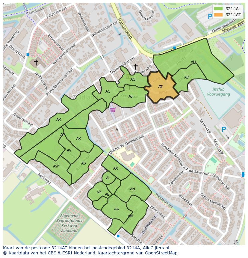 Afbeelding van het postcodegebied 3214 AT op de kaart.