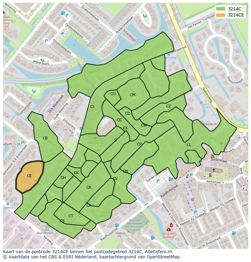 Afbeelding van het postcodegebied 3214 CE op de kaart.