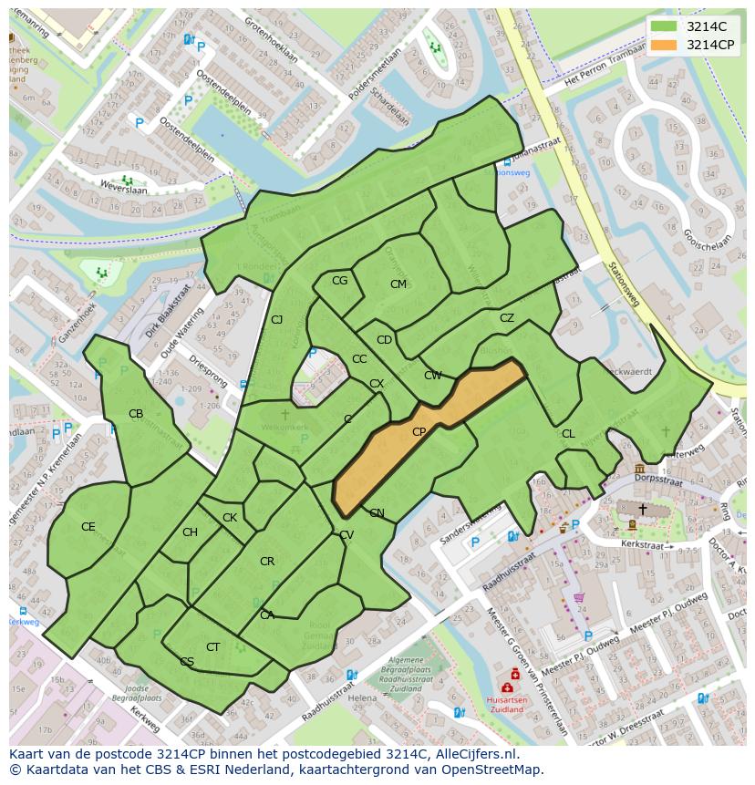 Afbeelding van het postcodegebied 3214 CP op de kaart.