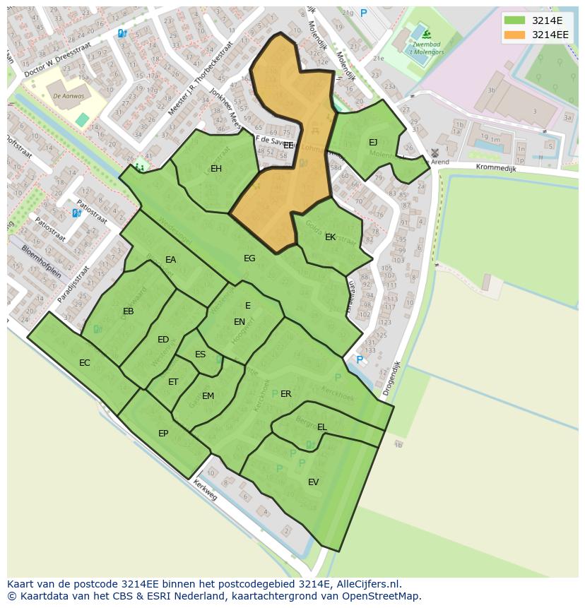 Afbeelding van het postcodegebied 3214 EE op de kaart.