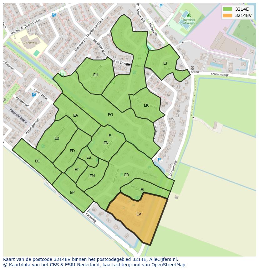 Afbeelding van het postcodegebied 3214 EV op de kaart.