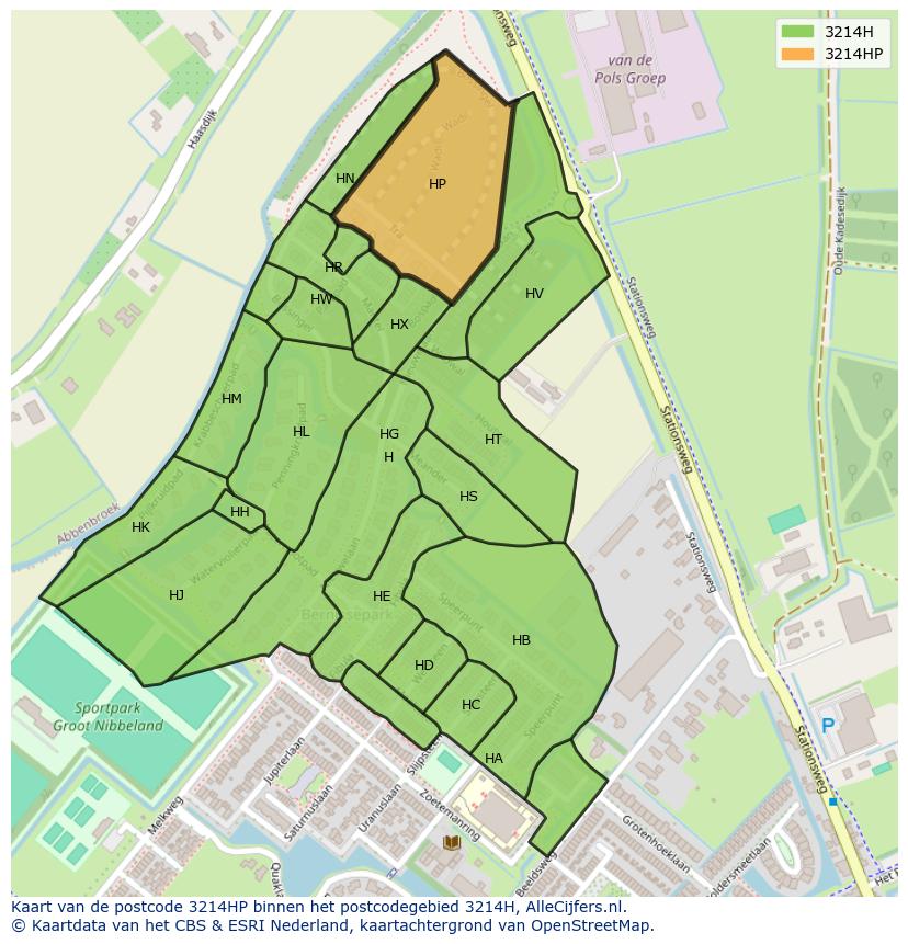 Afbeelding van het postcodegebied 3214 HP op de kaart.